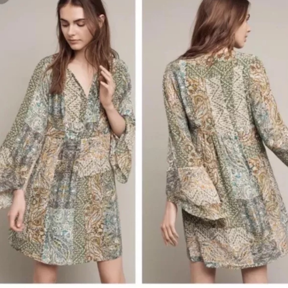 Anthropologie Floreat Amelia Silk printed Kimono bell Sleeve tunic Dress sz 0